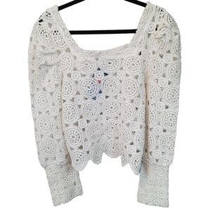 Women's White Crochet Long-Sleeve Top
